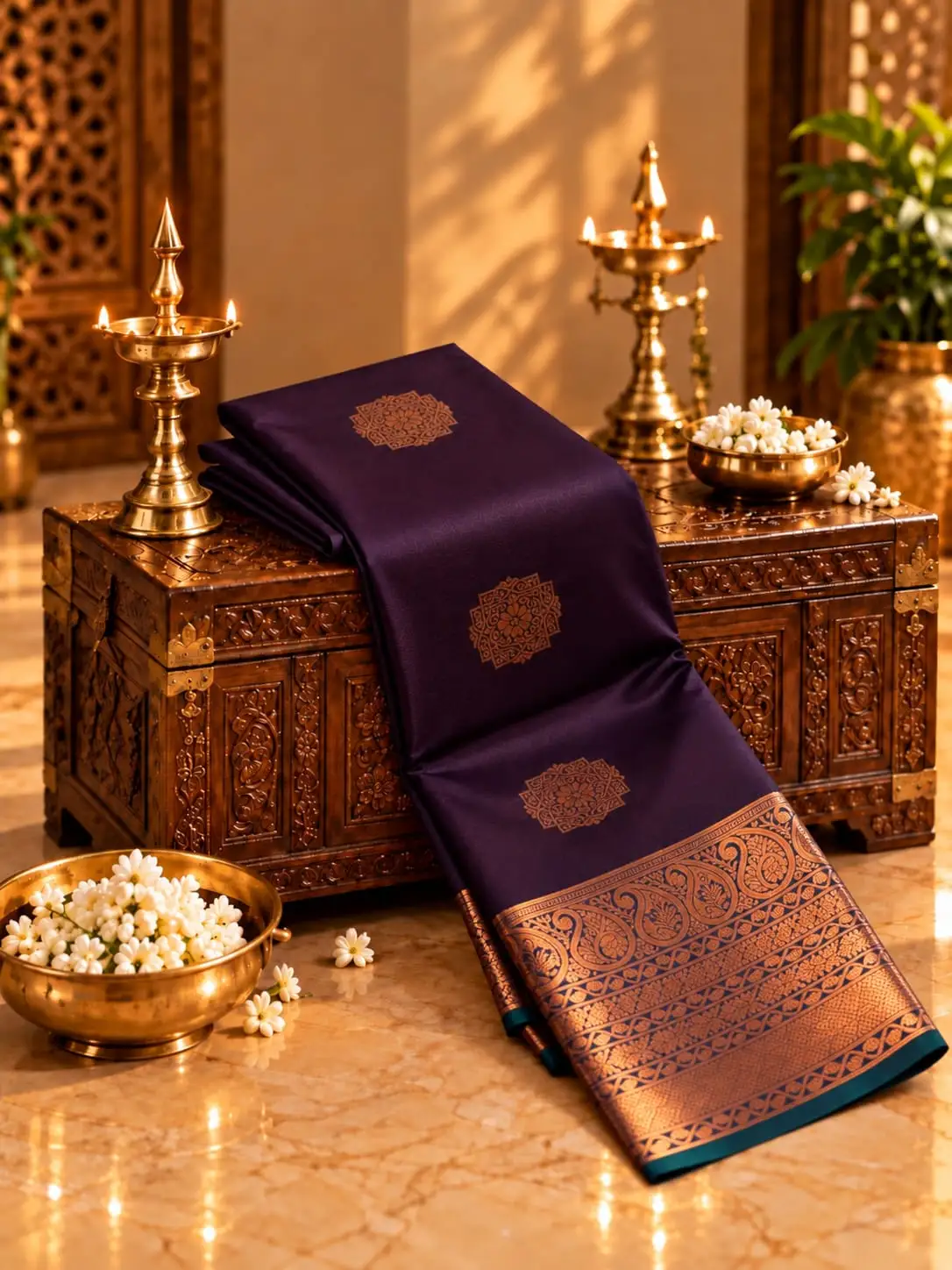 Copper Zari Motif Rich Pallu Soft Silk Saree